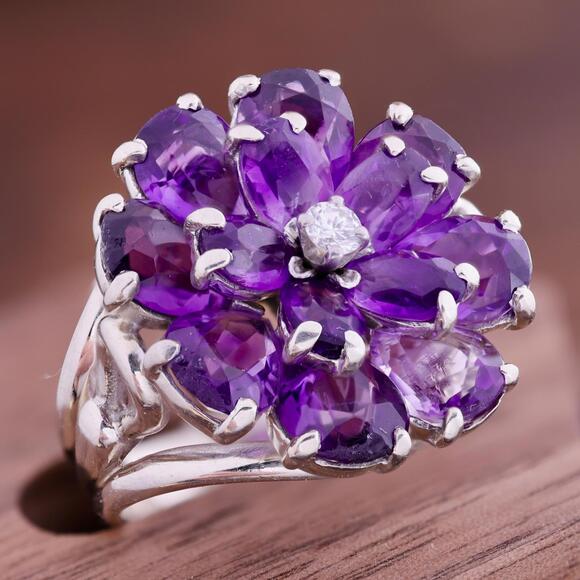 Edwardian WAB Wordley, Allsopp, & Bliss 14k WG Amethyst Diamond Flower Ring 8.5 - Picture 1 of 11